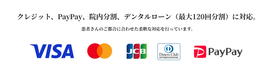 クレジット paypay 院内分割 デンタルローン（最大120回分割）に対応。 利用可能な決済方法：VISA、Mastercard、JCB、Diners Club、PayPay